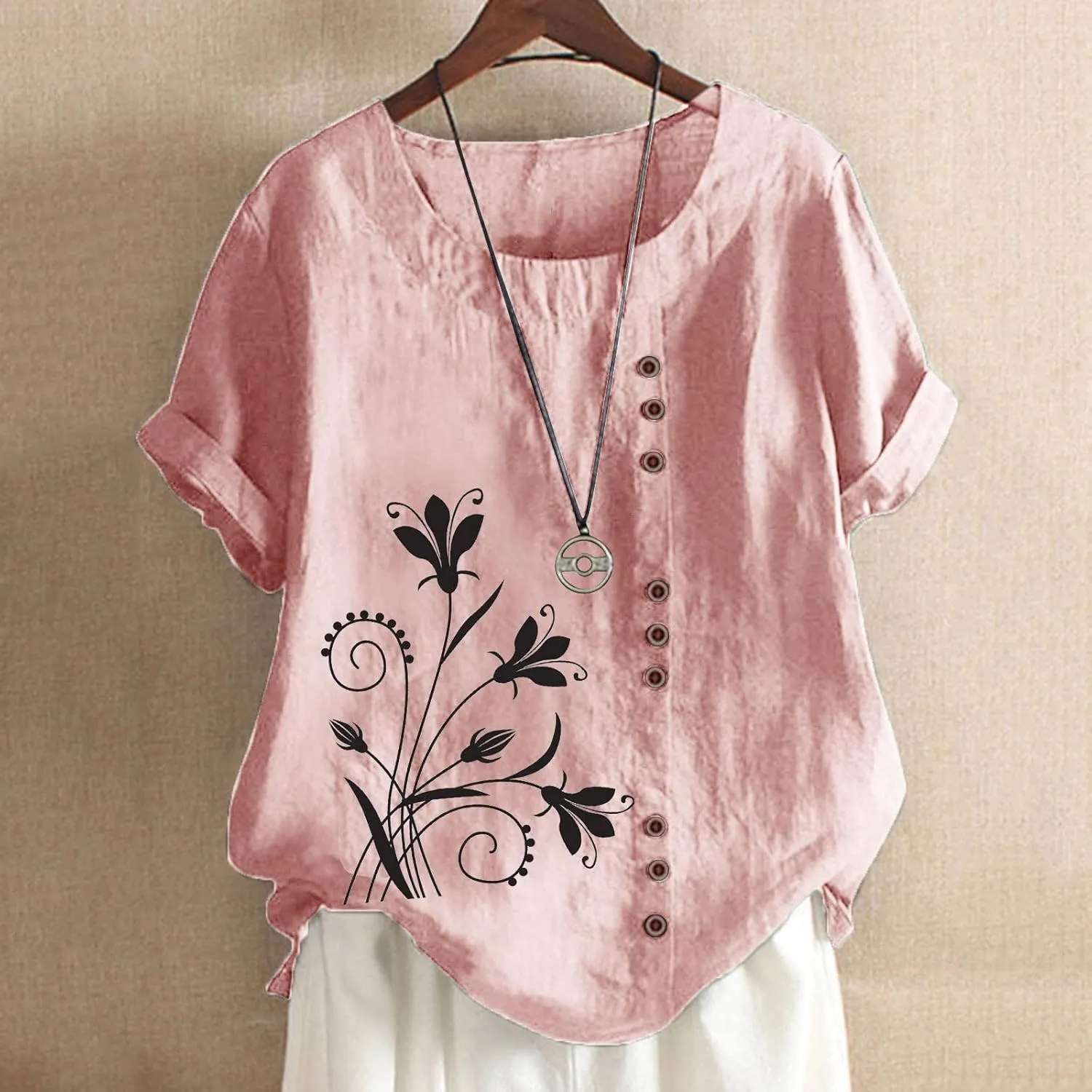 Women Cotton Linen Tshirt Tops Casual Loose Trendy Dandelion Floral Printed Tunic Tees Short Sleeve Plus Button Blouse