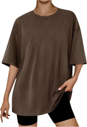Women Drop Shoulder Short Sleeve Tshirts Oversized Crew Neck Tops Workout Solid Comfy Tees Summer Daily Tunics