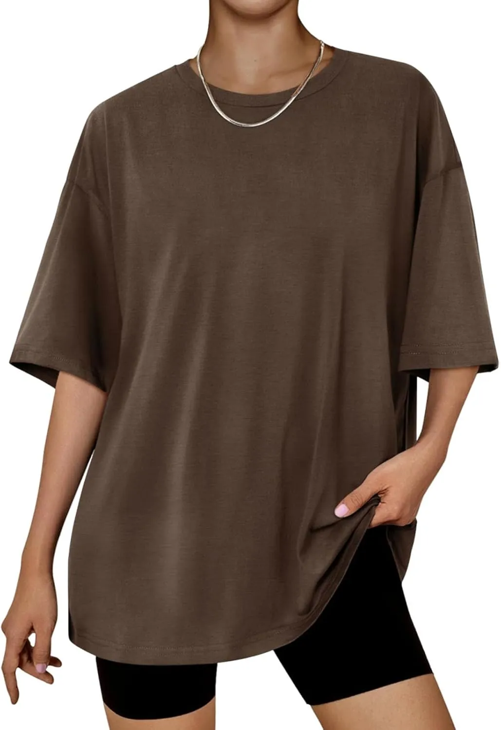 Women Drop Shoulder Short Sleeve Tshirts Oversized Crew Neck Tops Workout Solid Comfy Tees Summer Daily Tunics