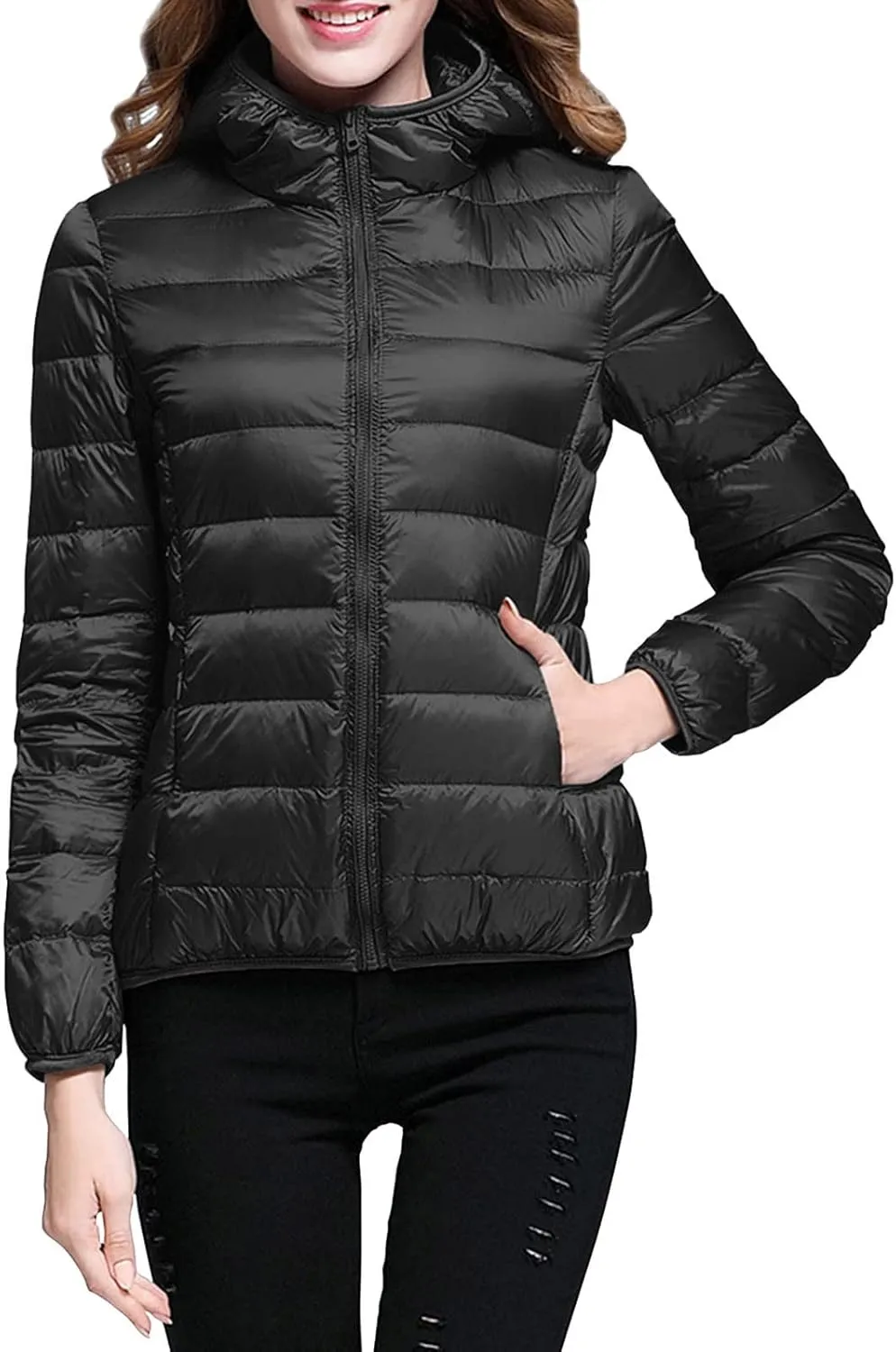 Women Lightweight Windproof Coat Slim Short Hooded Down Coats Outerwear Winter Packable Full Zip Up Warm Work Jacket