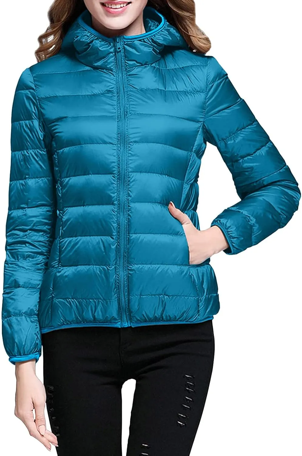 Women Lightweight Windproof Coat Slim Short Hooded Down Coats Outerwear Winter Packable Full Zip Up Warm Work Jacket