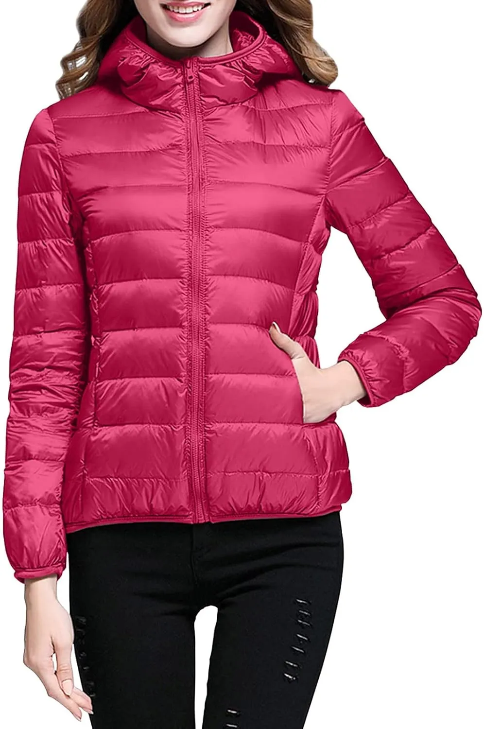 Women Lightweight Windproof Coat Slim Short Hooded Down Coats Outerwear Winter Packable Full Zip Up Warm Work Jacket
