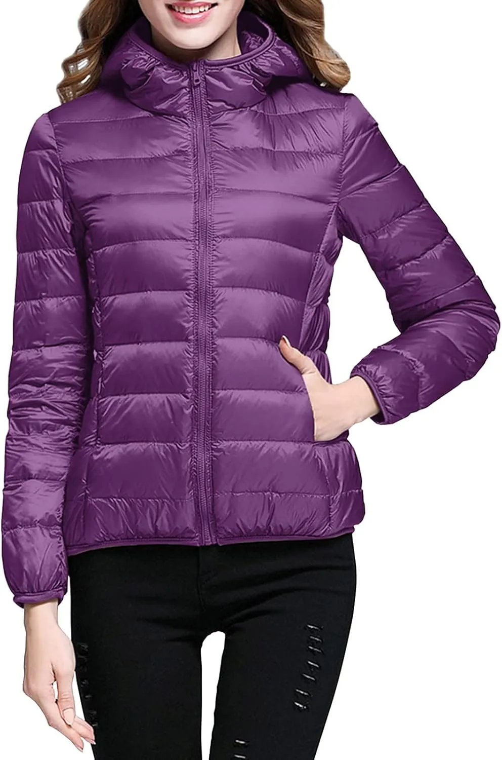 Women Lightweight Windproof Coat Slim Short Hooded Down Coats Outerwear Winter Packable Full Zip Up Warm Work Jacket