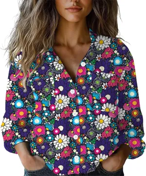 Women Linen Long Sleeve Shirts Button Down Loose Summer Tops Ethnic Vintage Floral Shirt Boho Causal Dressy Blouse