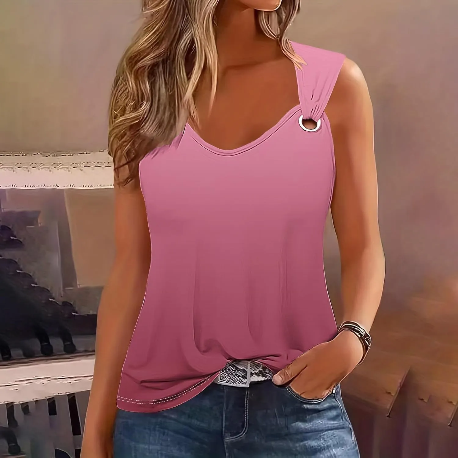 Women O Ring Shoulder Cute Tank Tops Casual Summer Loose Fit Sleeveless Shirt Gradient Scoop Neck Tunics Tees