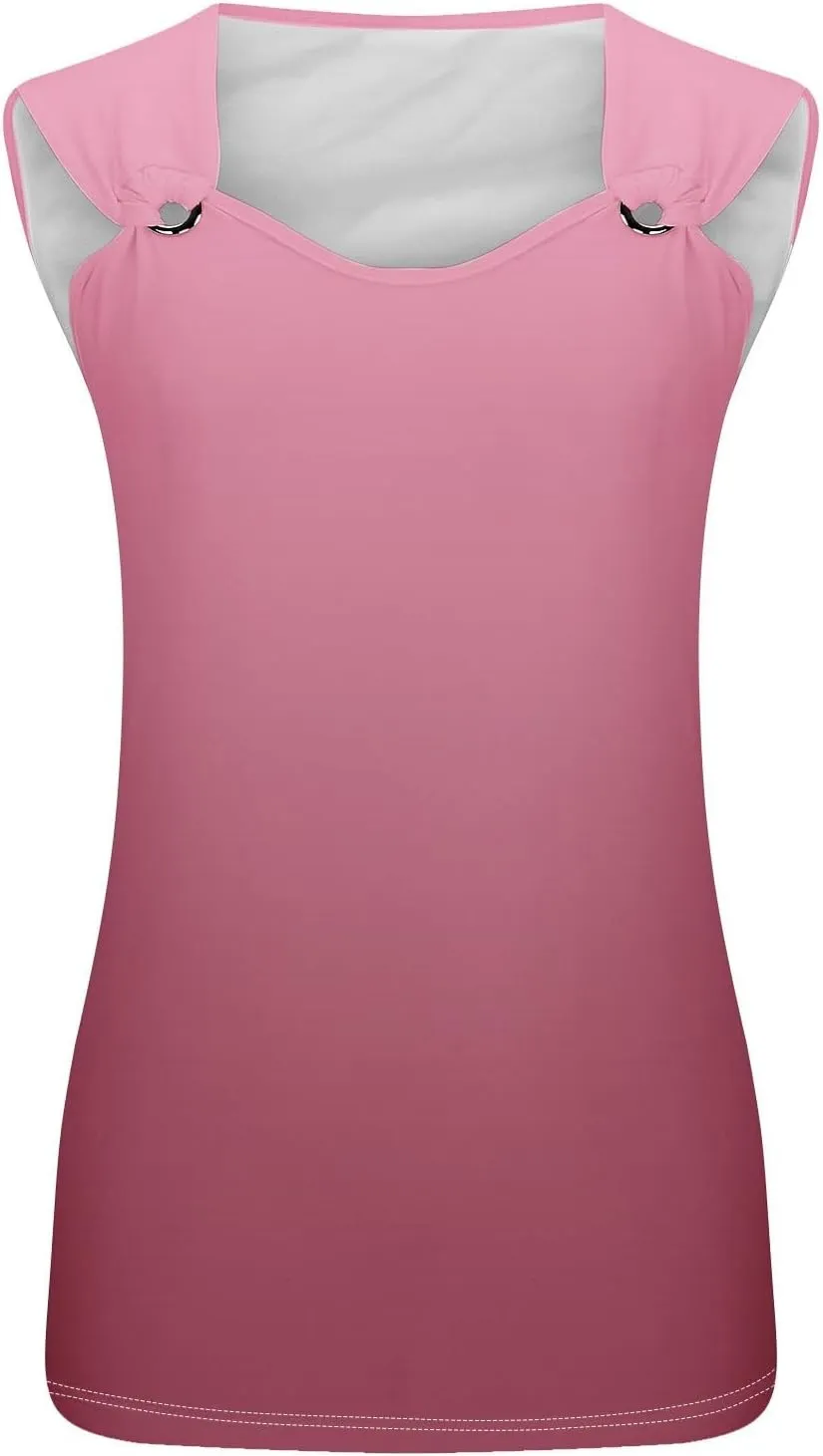 Women O Ring Shoulder Cute Tank Tops Casual Summer Loose Fit Sleeveless Shirt Gradient Scoop Neck Tunics Tees