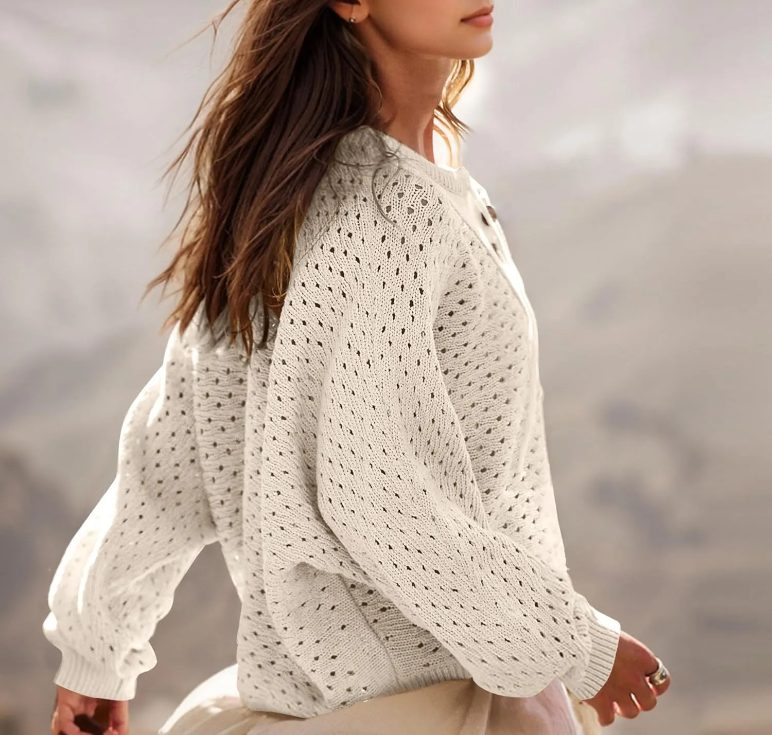 Women Oversized Button Down Hollow Out Crochet Sweater Pullover Drawstring Henley Neck Long Sleeve Knit Crochet Tops