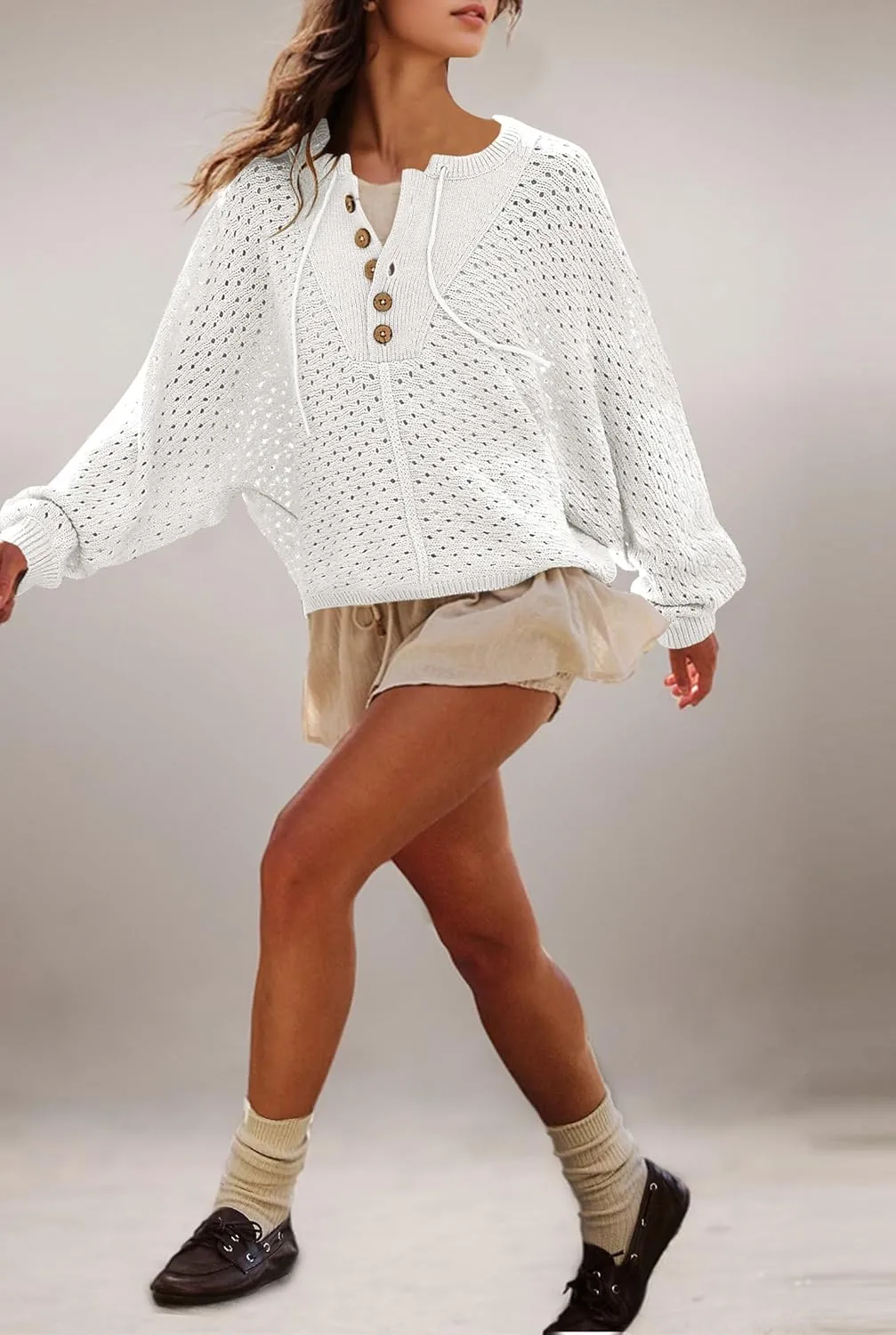 Women Oversized Button Down Hollow Out Crochet Sweater Pullover Drawstring Henley Neck Long Sleeve Knit Crochet Tops