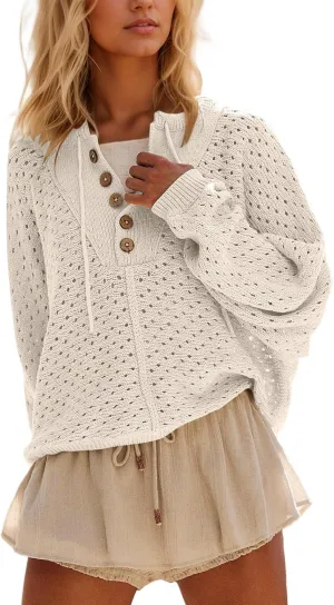 Women Oversized Button Down Hollow Out Crochet Sweater Pullover Drawstring Henley Neck Long Sleeve Knit Crochet Tops