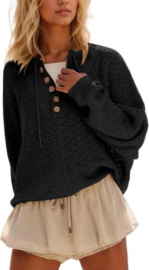 Women Oversized Button Down Hollow Out Crochet Sweater Pullover Drawstring Henley Neck Long Sleeve Knit Crochet Tops