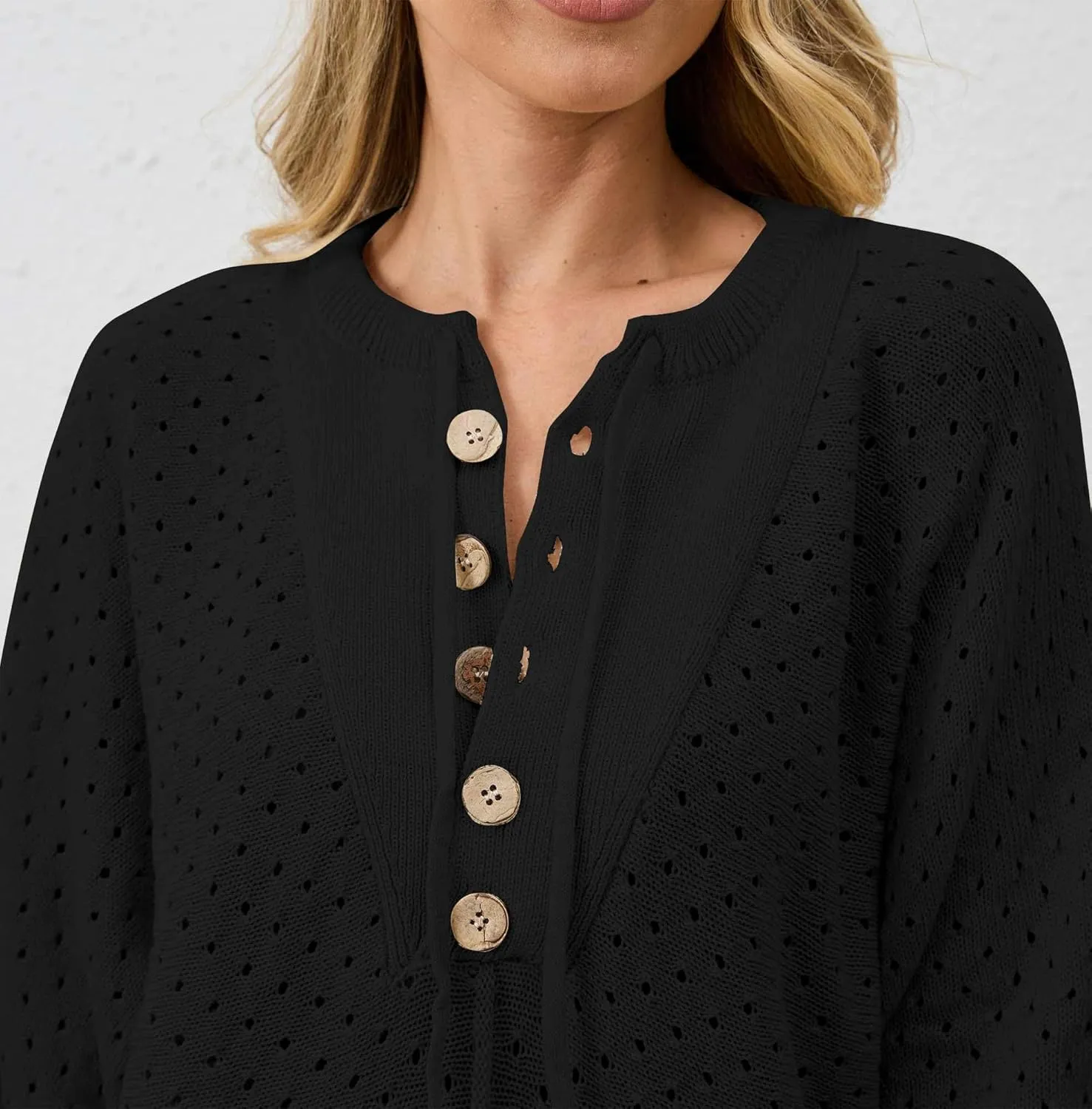 Women Oversized Button Down Hollow Out Crochet Sweater Pullover Drawstring Henley Neck Long Sleeve Knit Crochet Tops