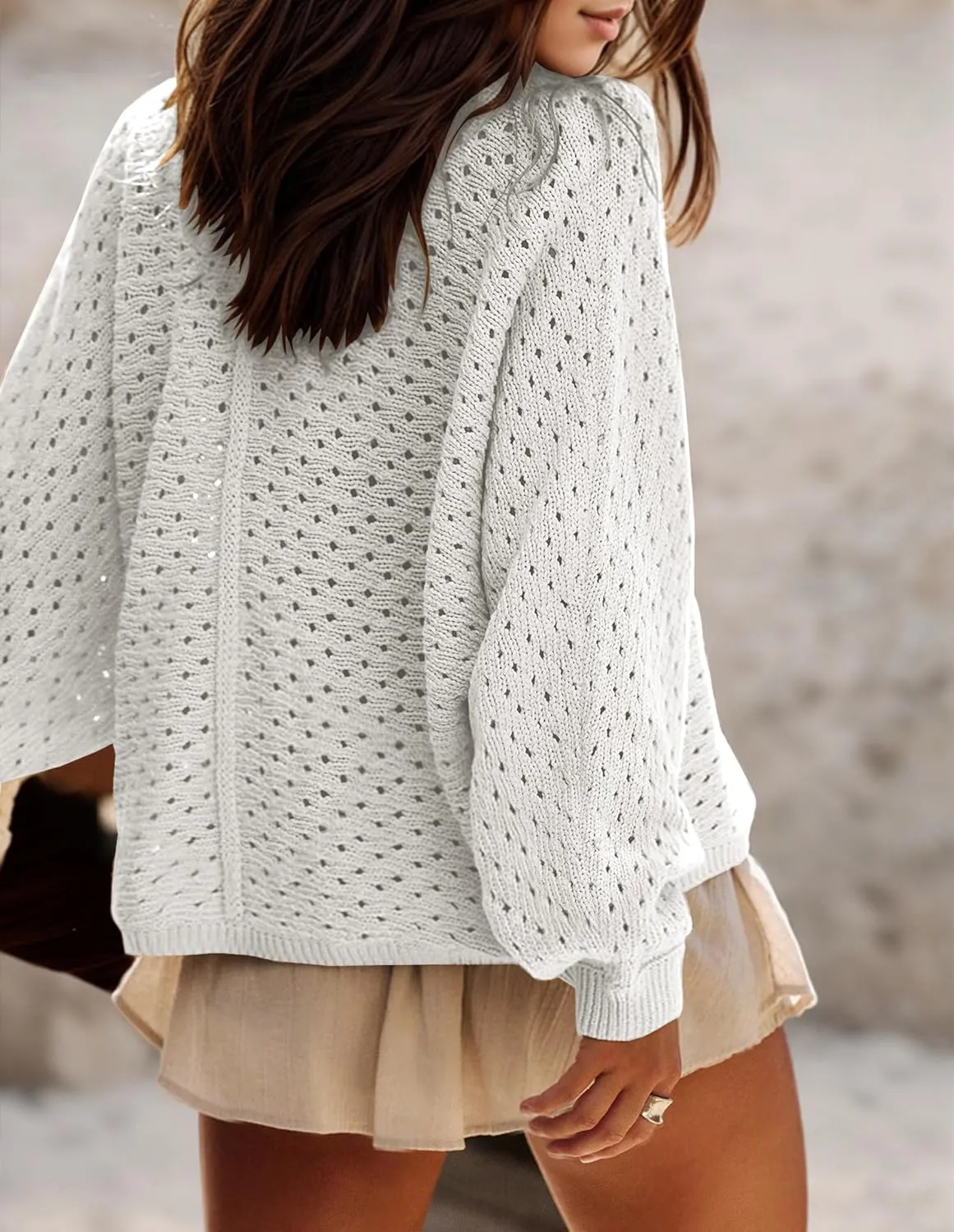 Women Oversized Button Down Hollow Out Crochet Sweater Pullover Drawstring Henley Neck Long Sleeve Knit Crochet Tops