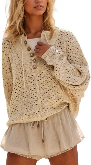 Women Oversized Button Down Hollow Out Crochet Sweater Pullover Drawstring Henley Neck Long Sleeve Knit Crochet Tops
