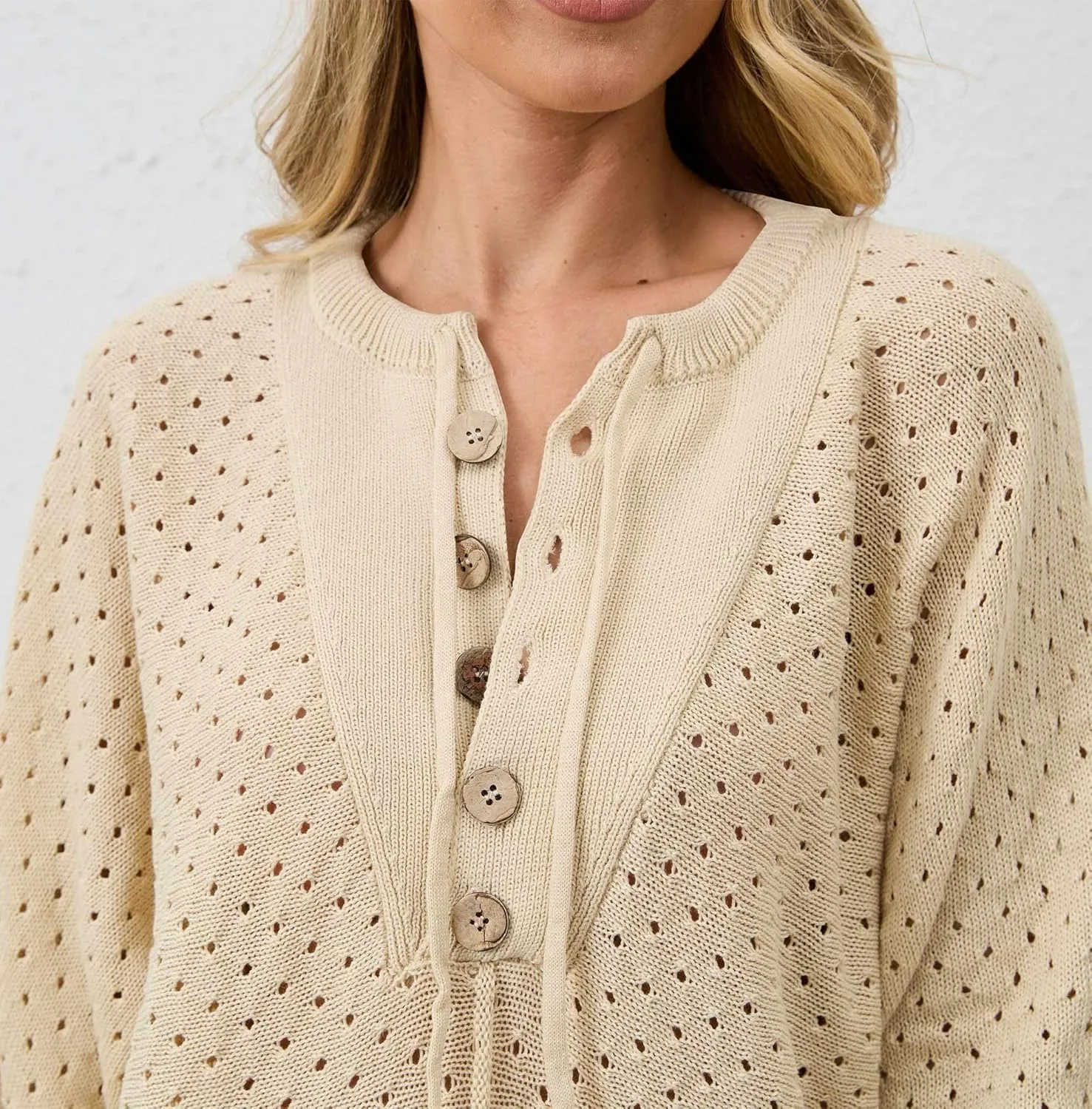 Women Oversized Button Down Hollow Out Crochet Sweater Pullover Drawstring Henley Neck Long Sleeve Knit Crochet Tops