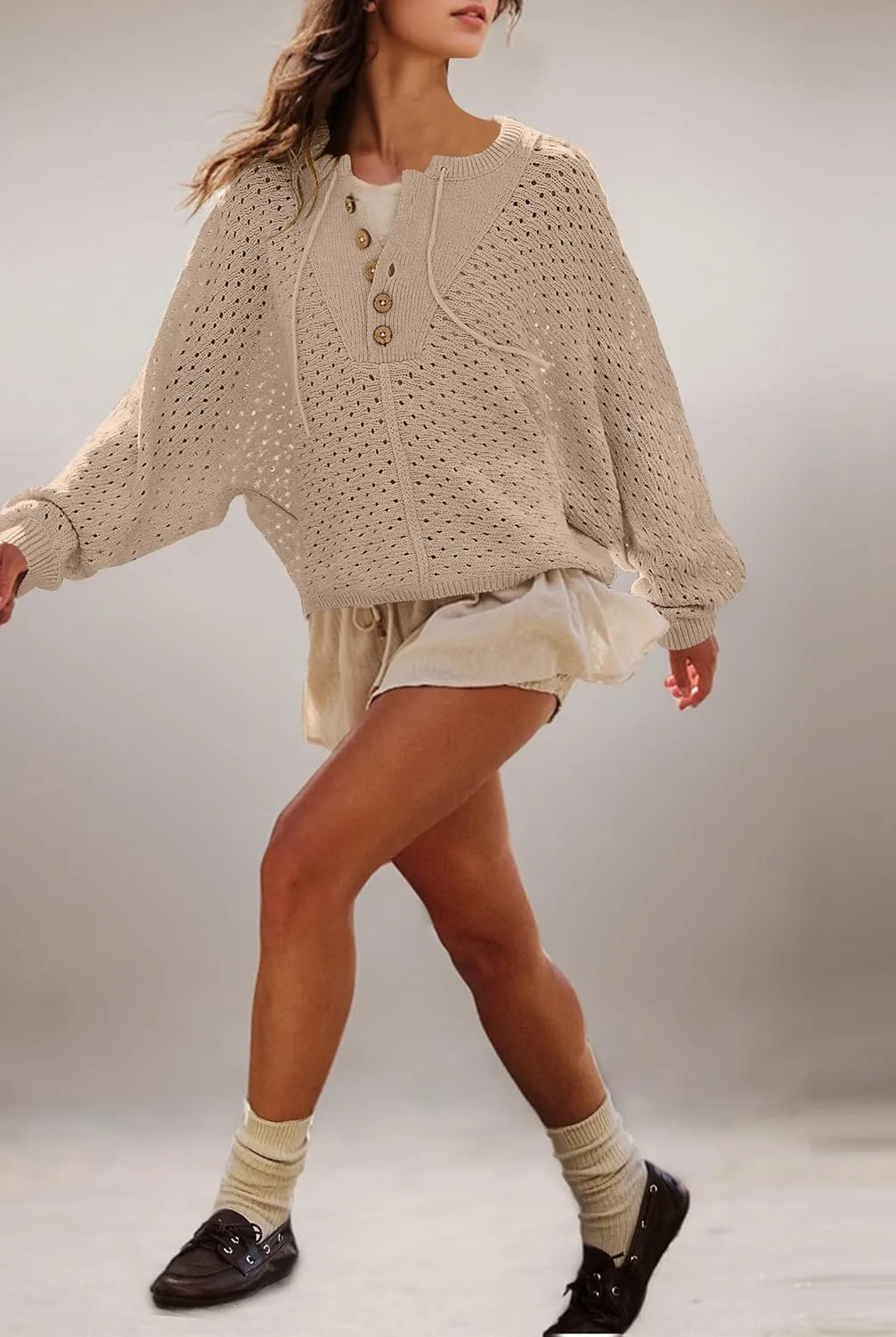 Women Oversized Button Down Hollow Out Crochet Sweater Pullover Drawstring Henley Neck Long Sleeve Knit Crochet Tops