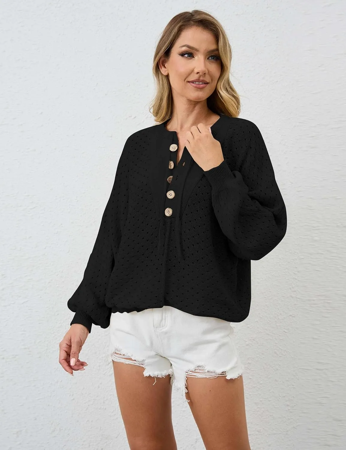 Women Oversized Button Down Hollow Out Crochet Sweater Pullover Drawstring Henley Neck Long Sleeve Knit Crochet Tops