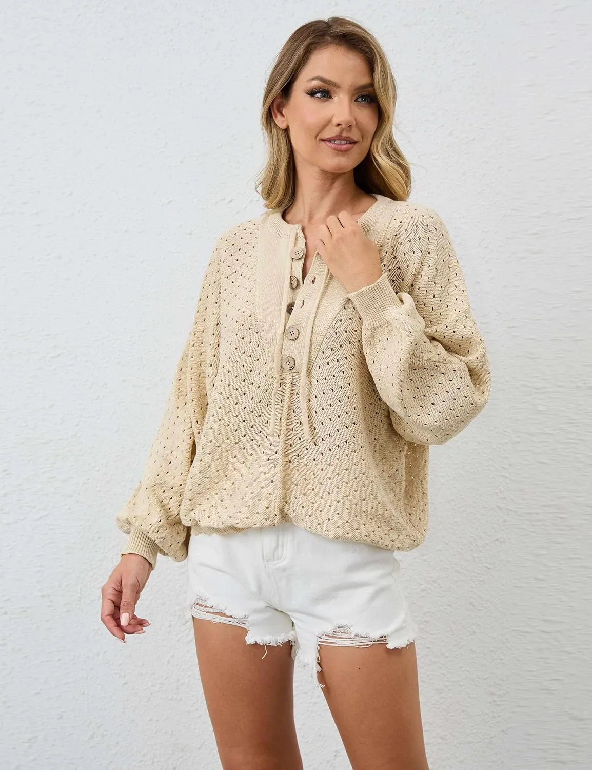 Women Oversized Button Down Hollow Out Crochet Sweater Pullover Drawstring Henley Neck Long Sleeve Knit Crochet Tops