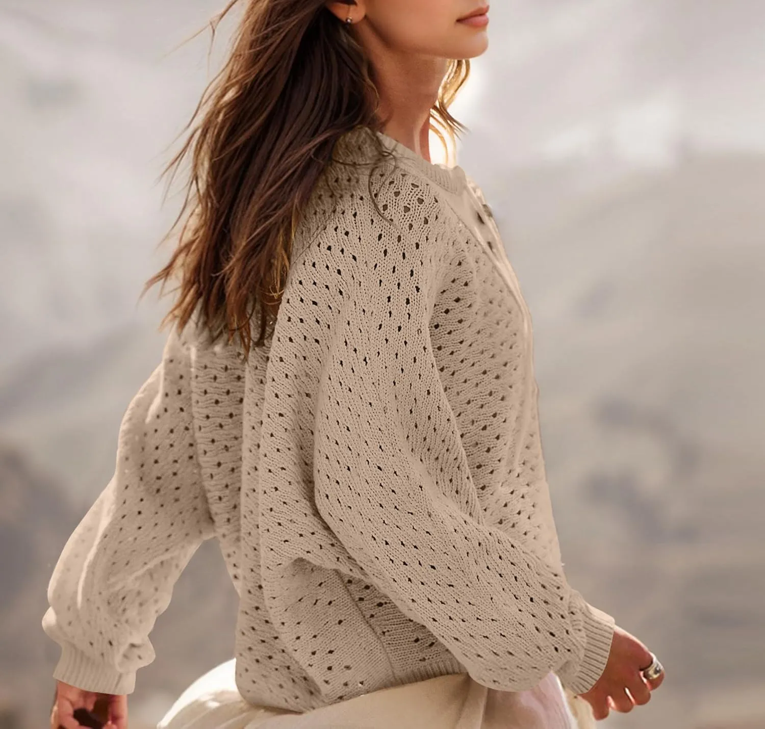 Women Oversized Button Down Hollow Out Crochet Sweater Pullover Drawstring Henley Neck Long Sleeve Knit Crochet Tops