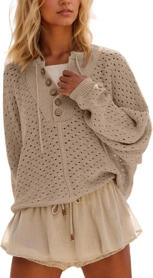 Women Oversized Button Down Hollow Out Crochet Sweater Pullover Drawstring Henley Neck Long Sleeve Knit Crochet Tops