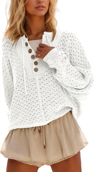 Women Oversized Button Down Hollow Out Crochet Sweater Pullover Drawstring Henley Neck Long Sleeve Knit Crochet Tops