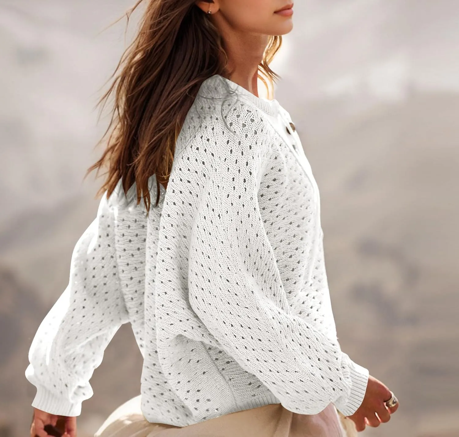 Women Oversized Button Down Hollow Out Crochet Sweater Pullover Drawstring Henley Neck Long Sleeve Knit Crochet Tops