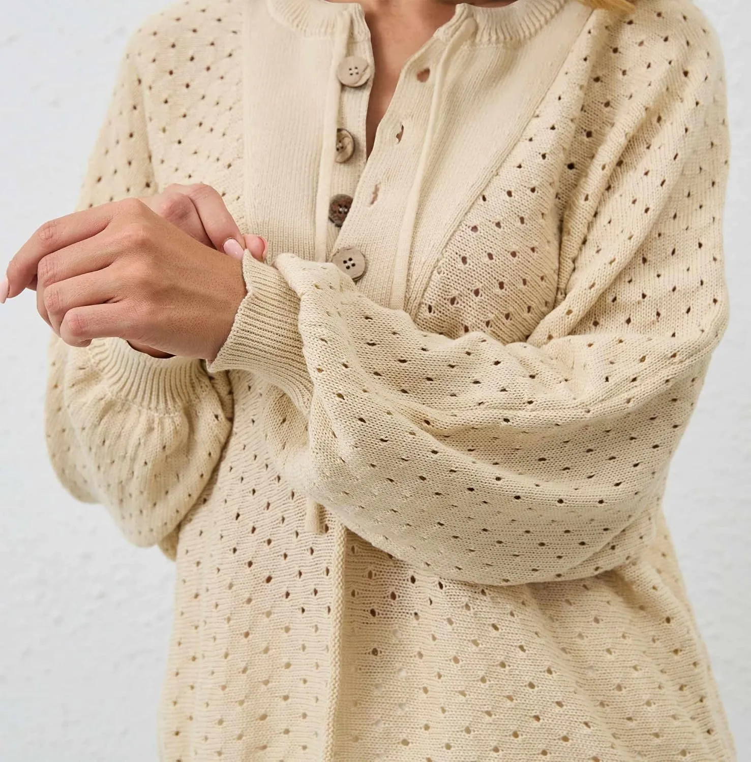 Women Oversized Button Down Hollow Out Crochet Sweater Pullover Drawstring Henley Neck Long Sleeve Knit Crochet Tops