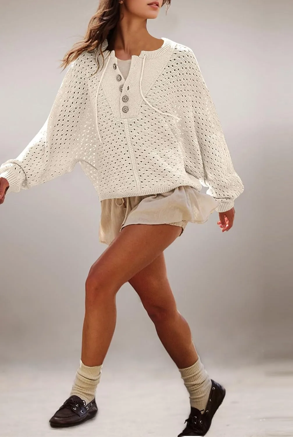 Women Oversized Button Down Hollow Out Crochet Sweater Pullover Drawstring Henley Neck Long Sleeve Knit Crochet Tops
