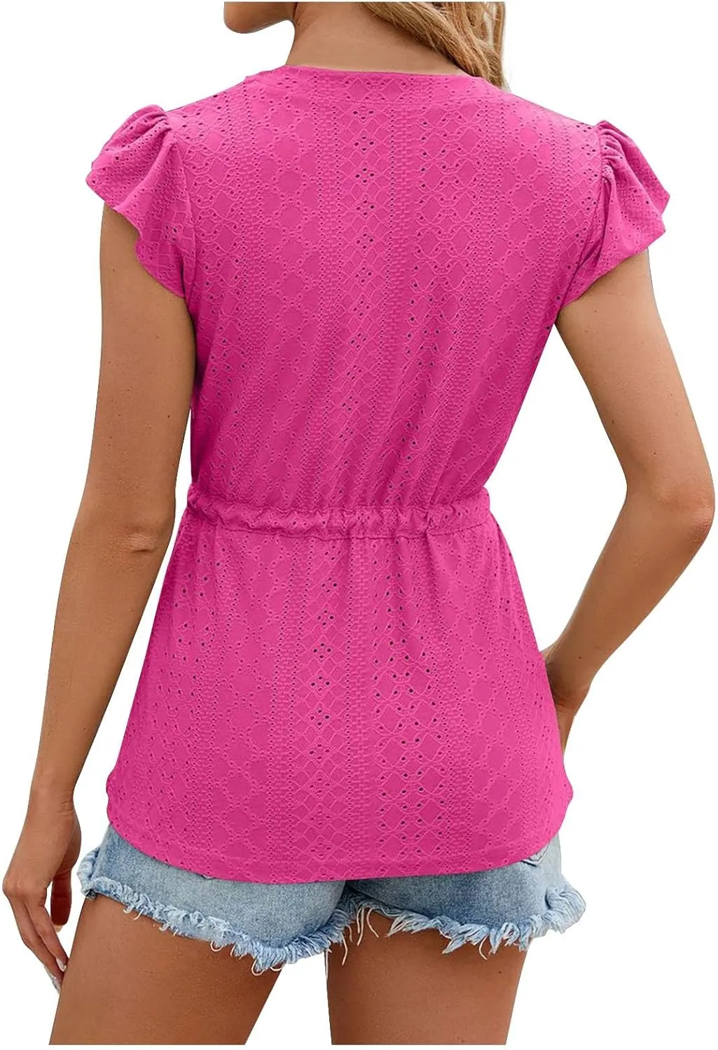 Women Ruffle Sleeve Eyelet Tops Casual V Neck Button Down Blouses Elegant Tie Waist Shirt Trendy Slim Fit Tunic Tops