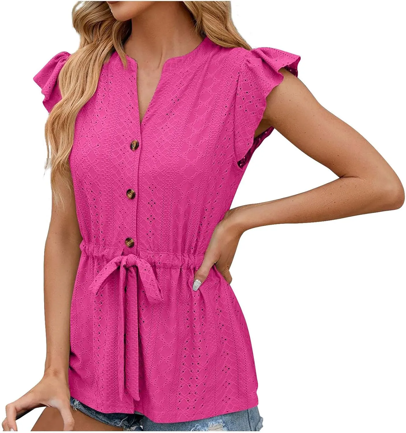 Women Ruffle Sleeve Eyelet Tops Casual V Neck Button Down Blouses Elegant Tie Waist Shirt Trendy Slim Fit Tunic Tops