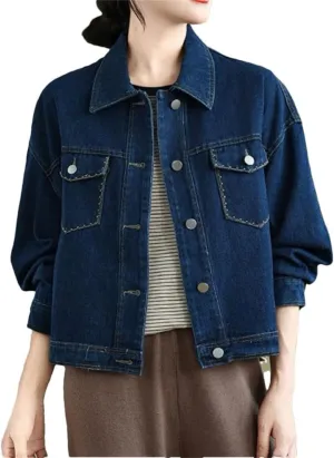 Women Single-Breasted Denim Jacket Coat Loose Long Sleeve Tops Jean Coats