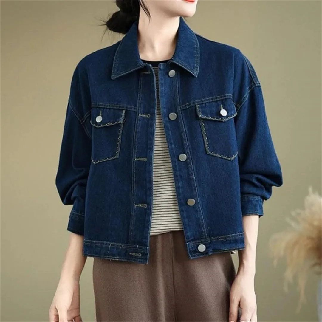 Women Single-Breasted Denim Jacket Coat Loose Long Sleeve Tops Jean Coats