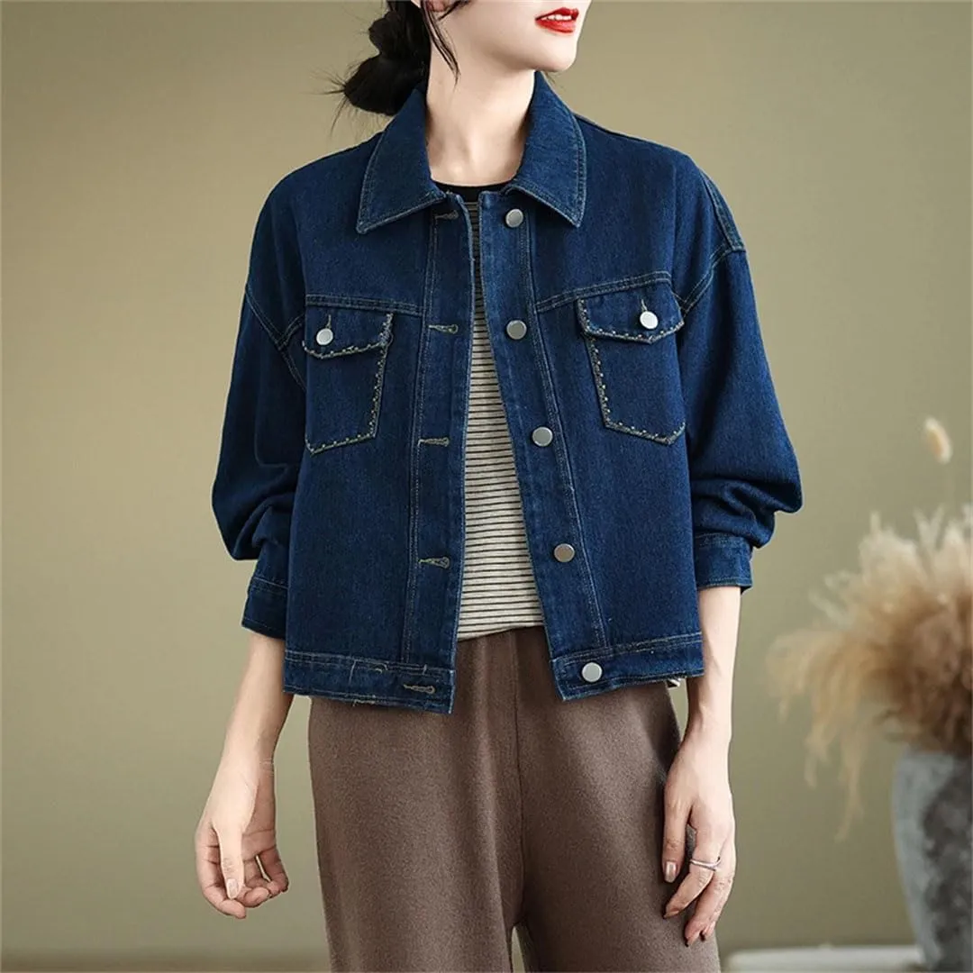 Women Single-Breasted Denim Jacket Coat Loose Long Sleeve Tops Jean Coats