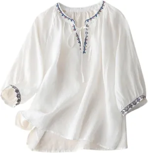 Women Summer Cotton Linen Tops Plus Size Crop Sleeve Trendy Baggy Tshirt Embroidery Shirts Casual Work Ladies Blouse