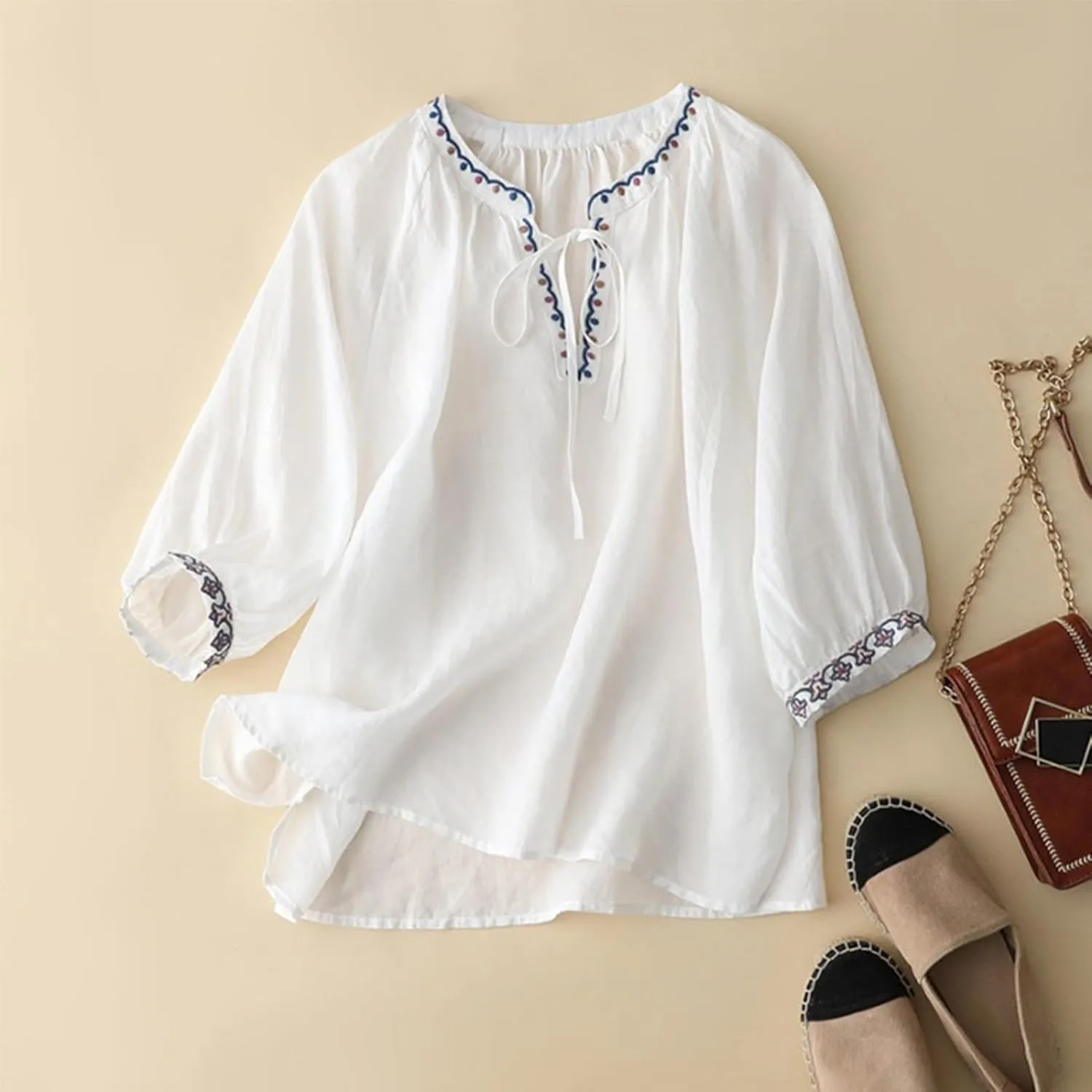 Women Summer Cotton Linen Tops Plus Size Crop Sleeve Trendy Baggy Tshirt Embroidery Shirts Casual Work Ladies Blouse