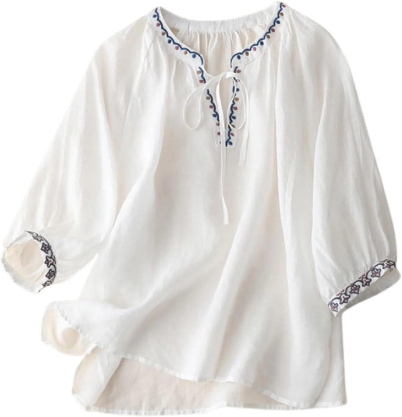 Women Summer Cotton Linen Tops Plus Size Crop Sleeve Trendy Baggy Tshirt Embroidery Shirts Casual Work Ladies Blouse