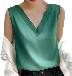 Women Summer Tank Tops Sleeveless V Neck Silk Satin Camisole Bussiness Casual Shirts Beach Vacation Office Blouses
