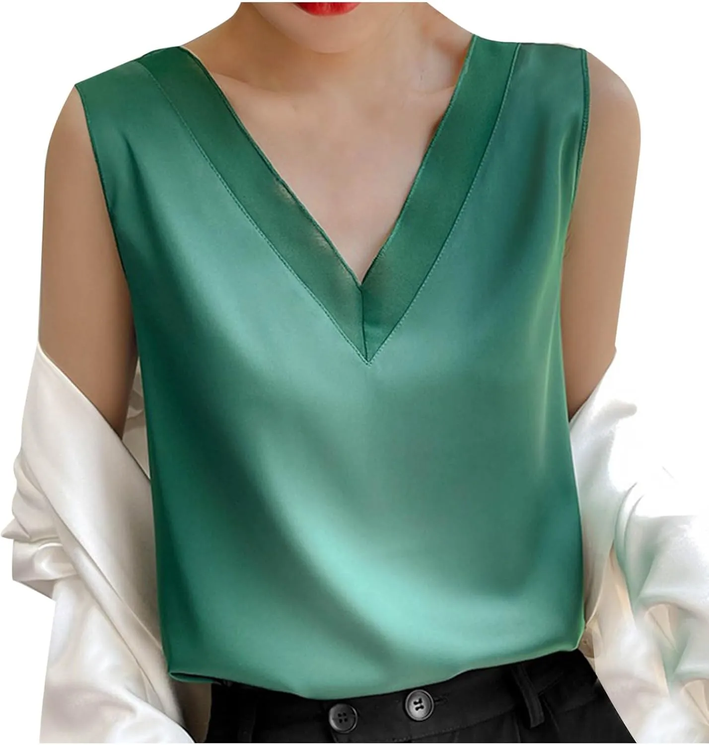 Women Summer Tank Tops Sleeveless V Neck Silk Satin Camisole Bussiness Casual Shirts Beach Vacation Office Blouses