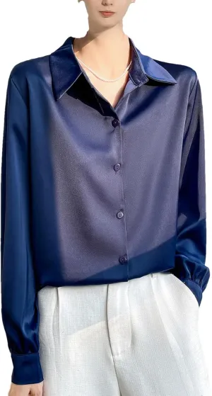 Women Sun Protection Shirt Acetate Satin Long Sleeve Button Down Top Lightweight Blouses