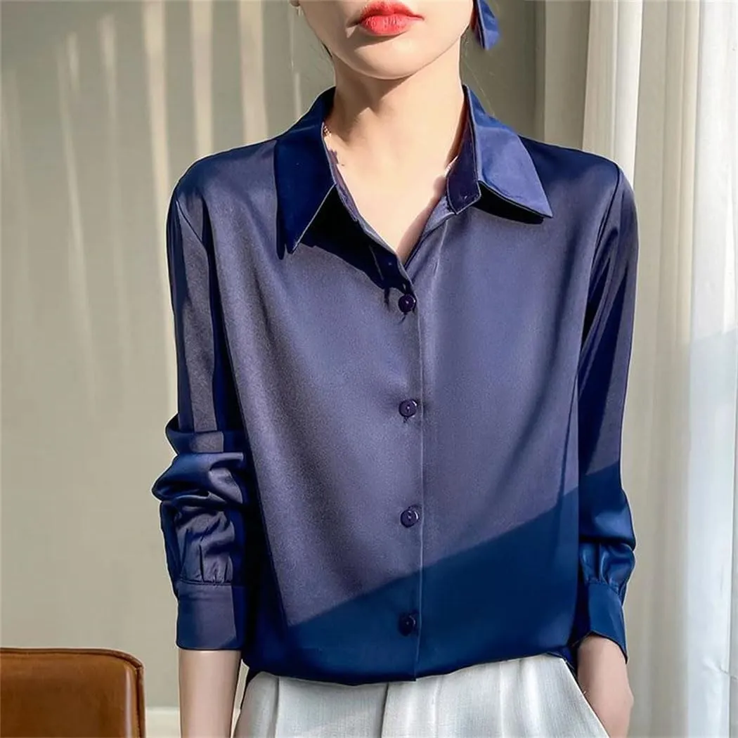 Women Sun Protection Shirt Acetate Satin Long Sleeve Button Down Top Lightweight Blouses