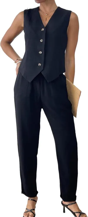 Women's 2 Piece Outfits Linen Vest Waistcoat Dressy Business Casual Sets Summer Tapered Pants Suits