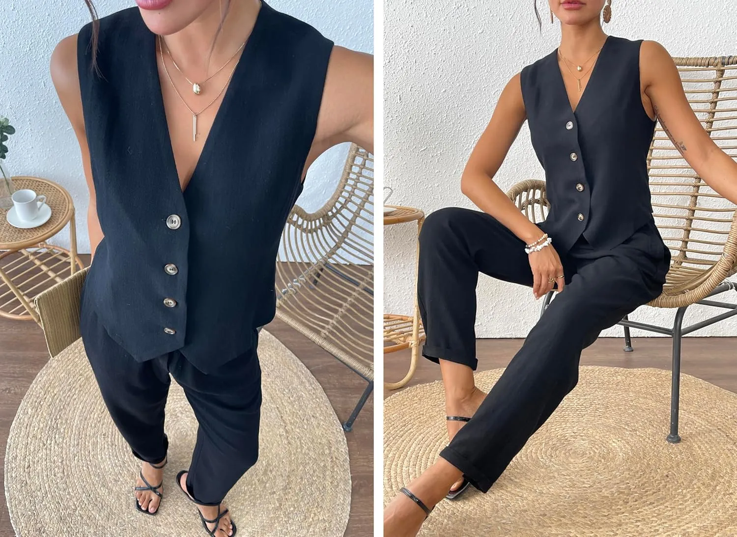 Women's 2 Piece Outfits Linen Vest Waistcoat Dressy Business Casual Sets Summer Tapered Pants Suits