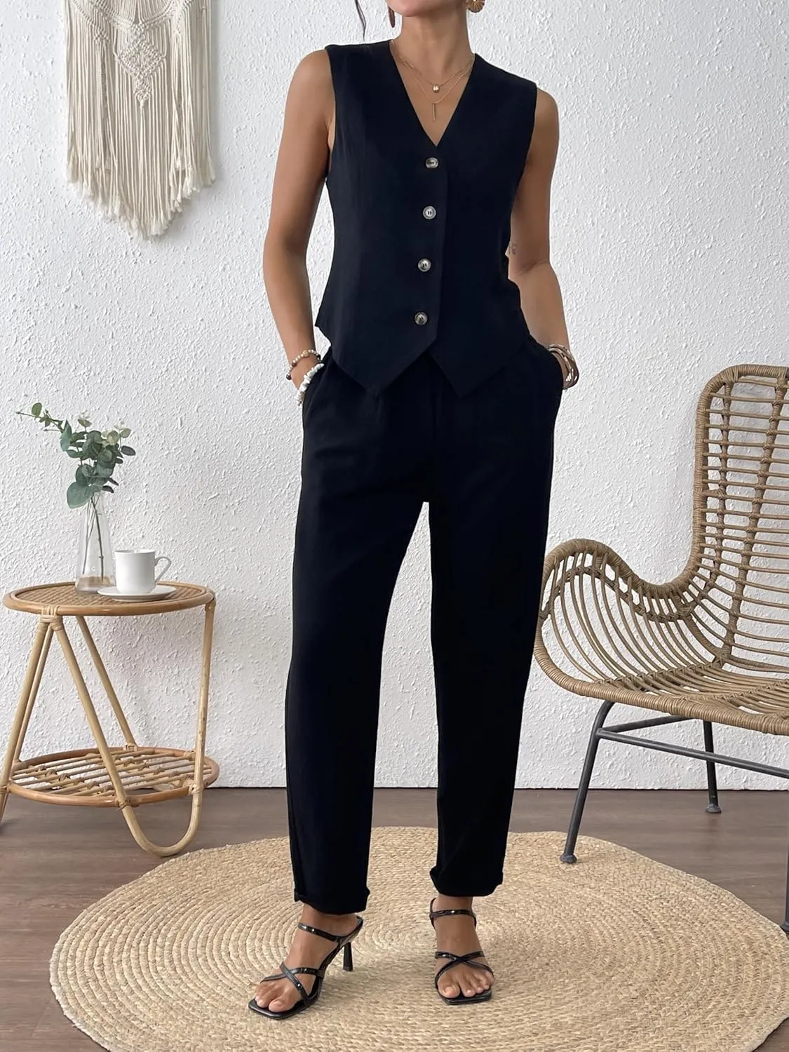 Women's 2 Piece Outfits Linen Vest Waistcoat Dressy Business Casual Sets Summer Tapered Pants Suits