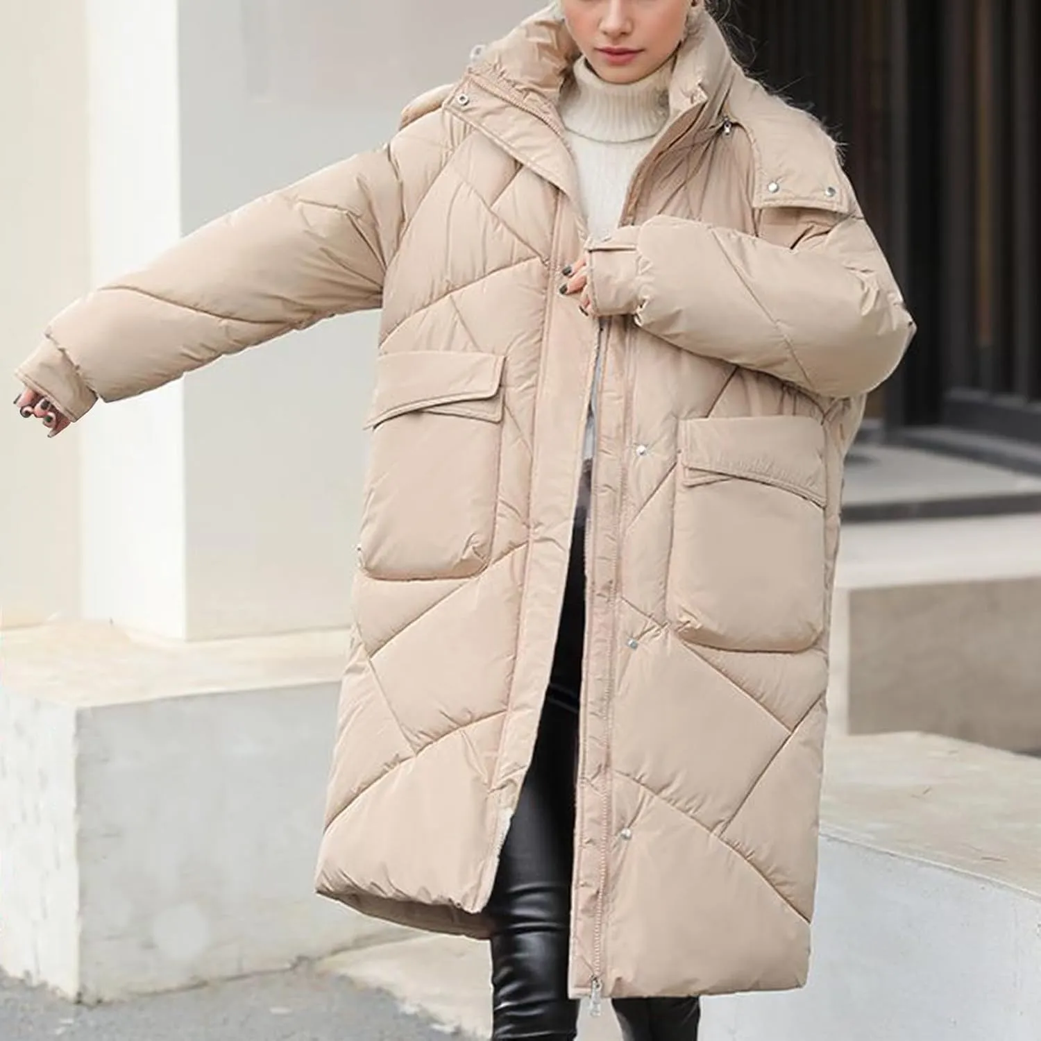 Women's 2024 Long Puffer Jacket Thickened Winter Coat Drawstring Hooded Zip Puffer Jacket Quilted Baggy Down Parka