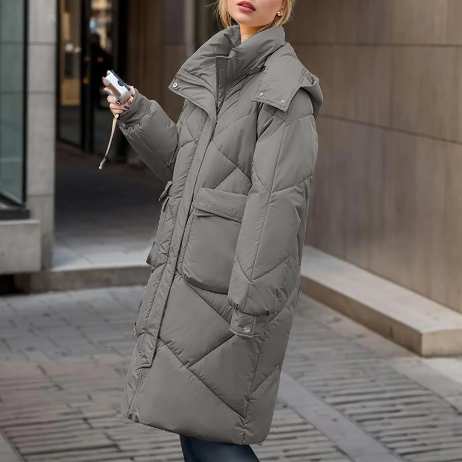 Women's 2024 Long Puffer Jacket Thickened Winter Coat Drawstring Hooded Zip Puffer Jacket Quilted Baggy Down Parka