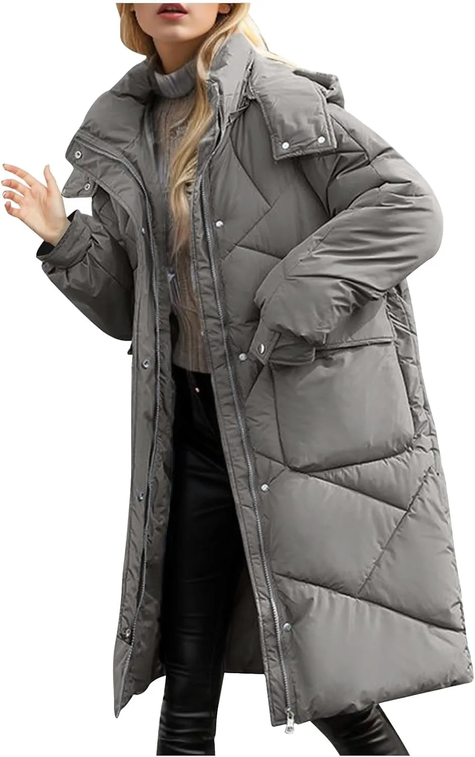 Women's 2024 Long Puffer Jacket Thickened Winter Coat Drawstring Hooded Zip Puffer Jacket Quilted Baggy Down Parka