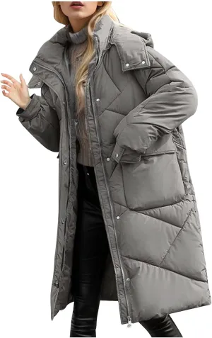 Women's 2024 Long Puffer Jacket Thickened Winter Coat Drawstring Hooded Zip Puffer Jacket Quilted Baggy Down Parka