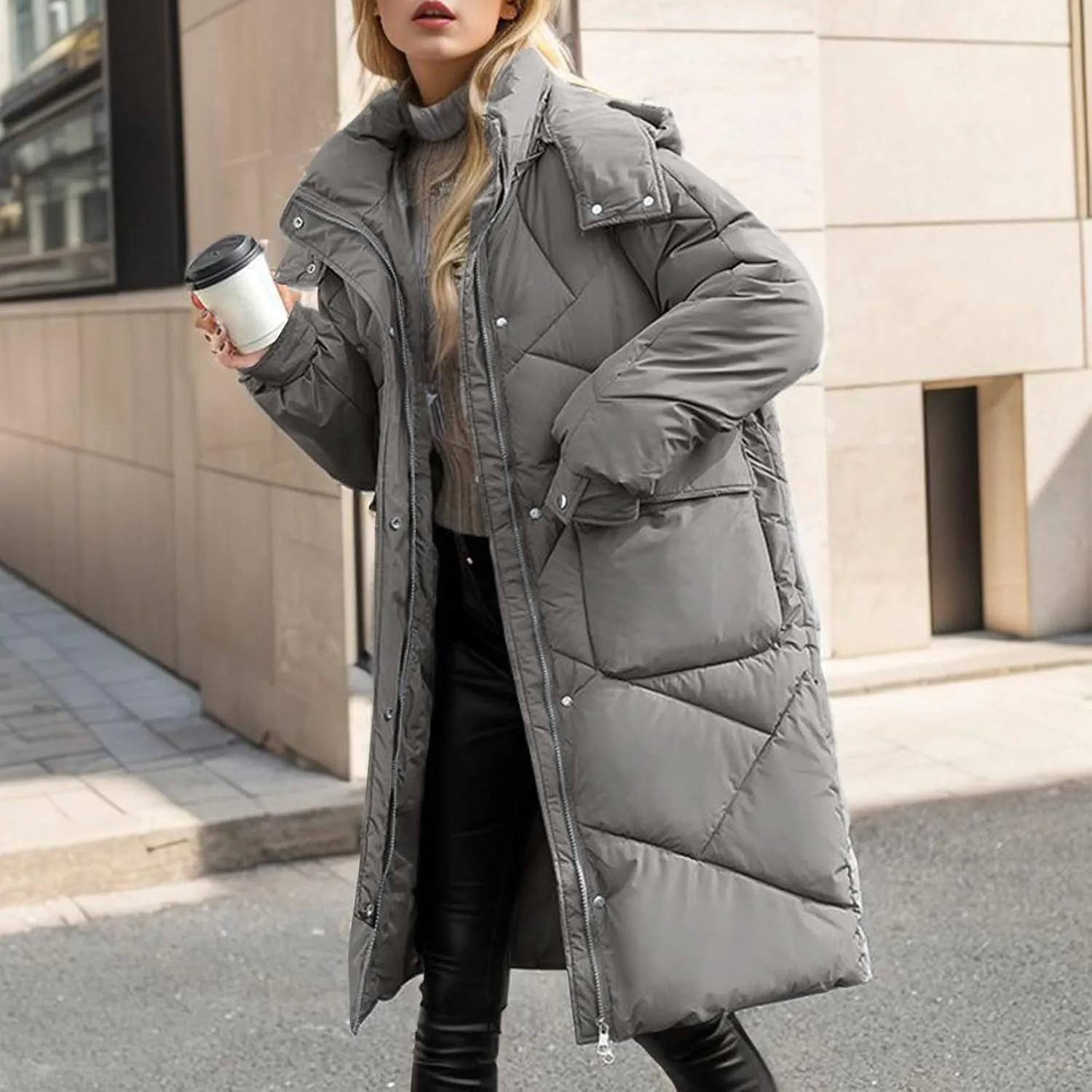 Women's 2024 Long Puffer Jacket Thickened Winter Coat Drawstring Hooded Zip Puffer Jacket Quilted Baggy Down Parka