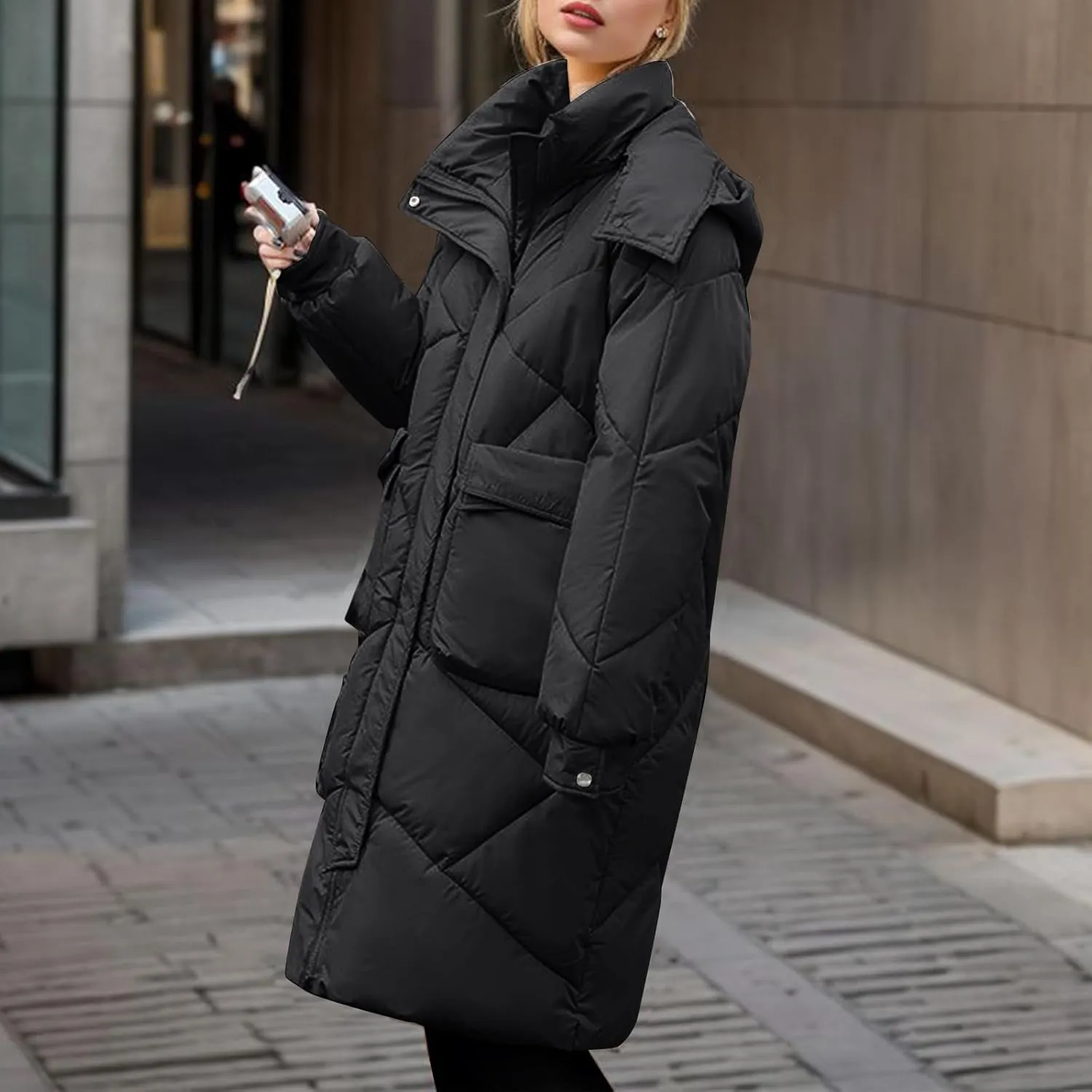 Women's 2024 Long Puffer Jacket Thickened Winter Coat Drawstring Hooded Zip Puffer Jacket Quilted Baggy Down Parka