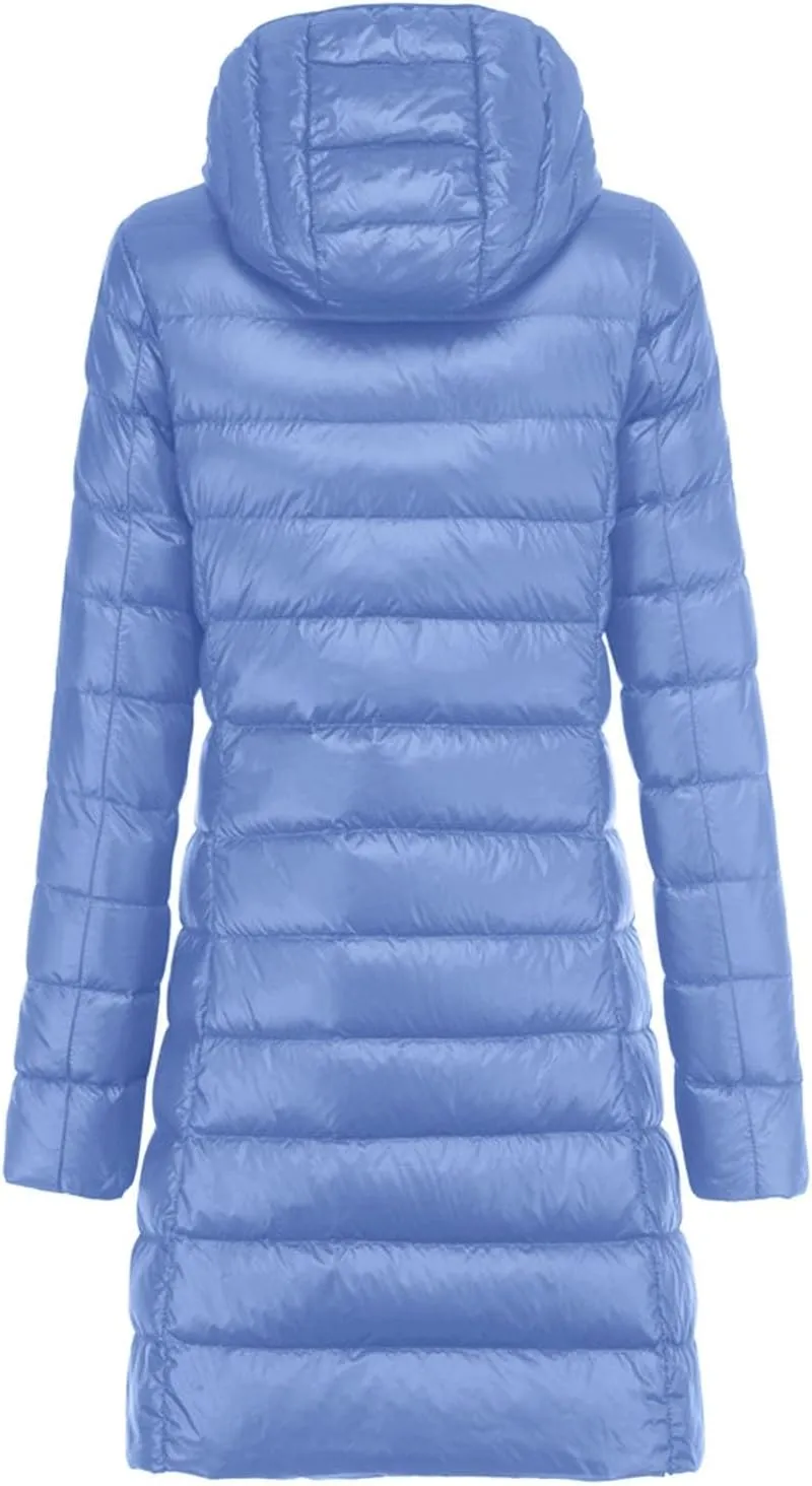 Womens 2024 Winter Long Coats Lightweight Packable Warm Puffer Jacket Hooded Removable Qulited Jackets Casual Outwear