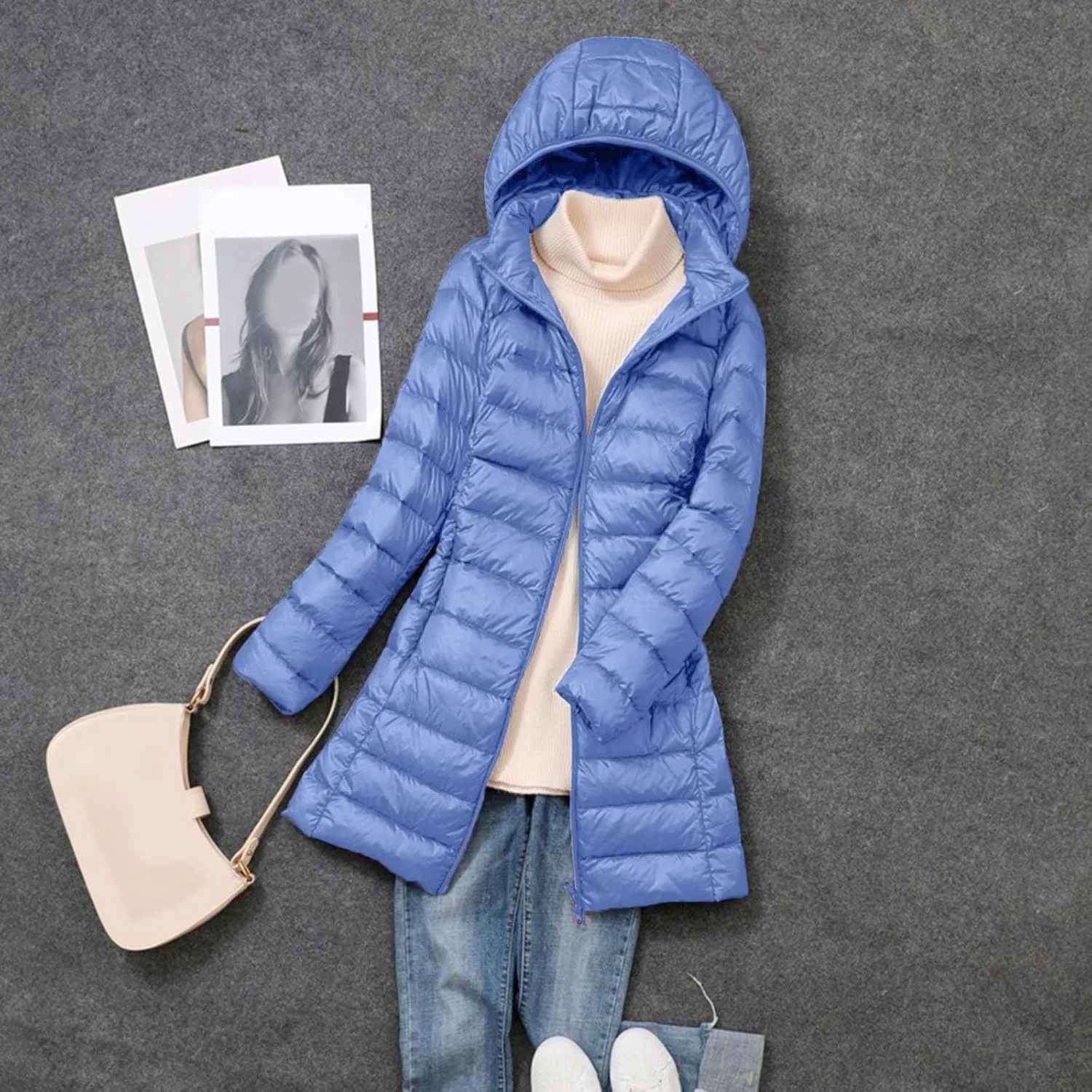 Womens 2024 Winter Long Coats Lightweight Packable Warm Puffer Jacket Hooded Removable Qulited Jackets Casual Outwear